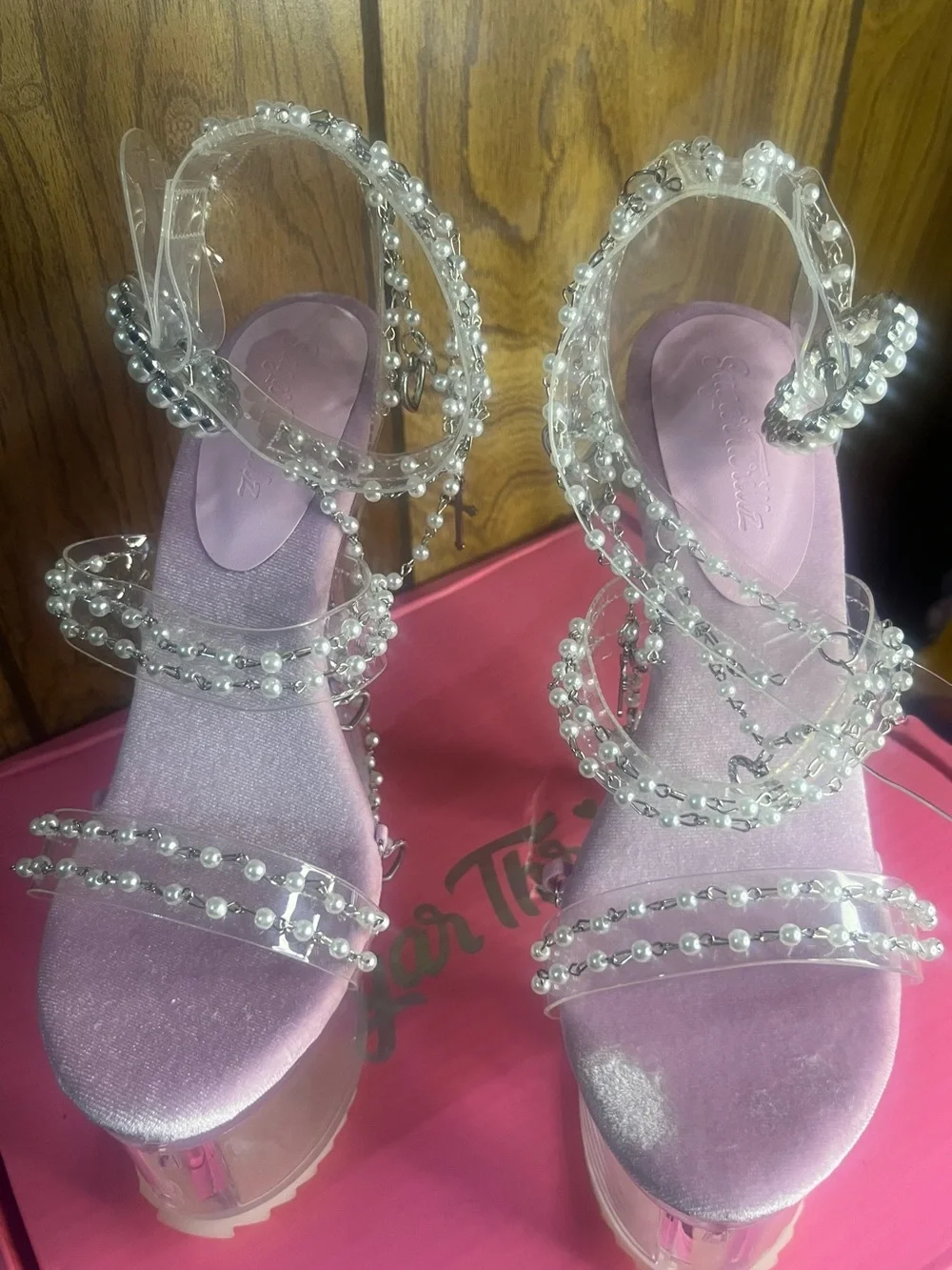 Clear Pearl-Embellished Platform Heels in Light Pink - Picture 4 of 6